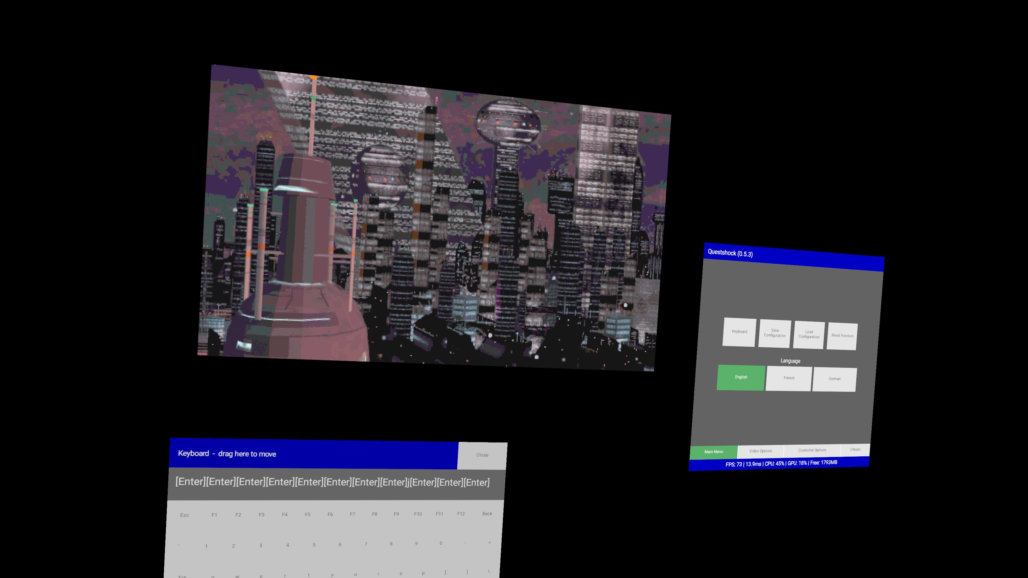 The game screen, the menu and the keyboard float independently